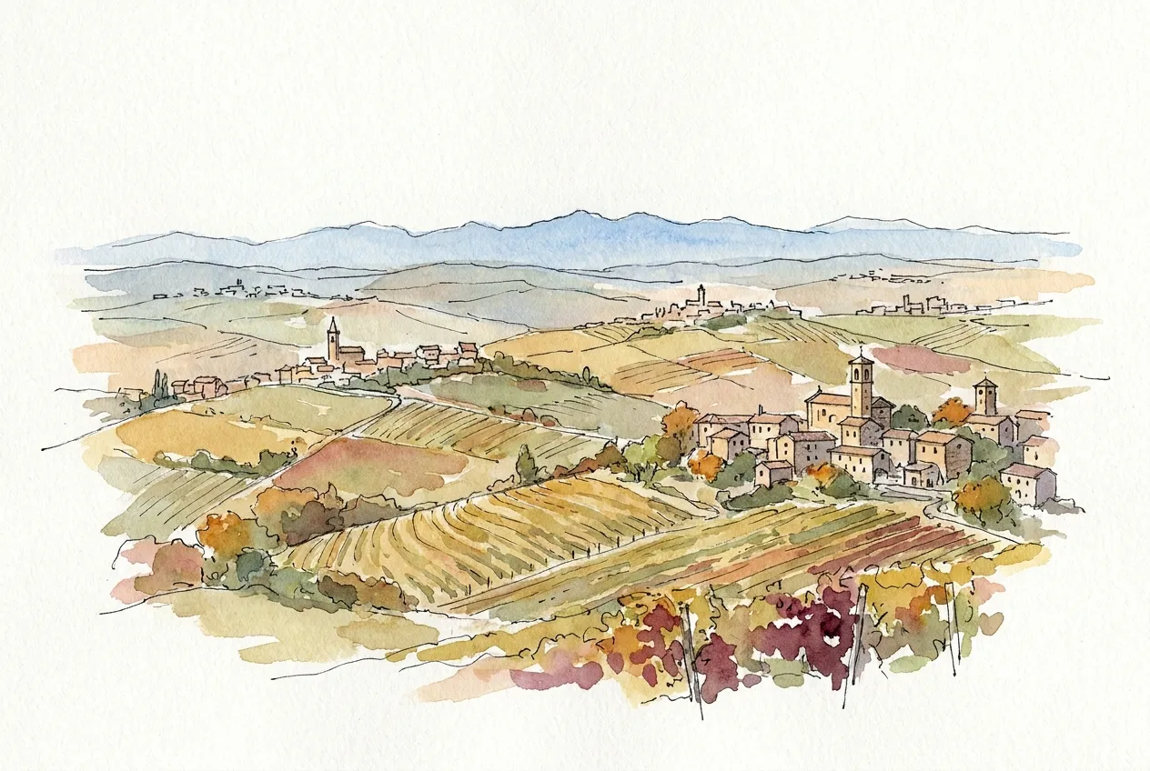 Illustration à l'aquarelle d'un vaste paysage de collines couvertes de vignes aux couleurs d'automne, en parcelles qui suivent les pentes, avec plusieurs villages de pierre dorée et leurs clochers dispersés jusqu'à une ligne de montagnes bleues à l'horizon.