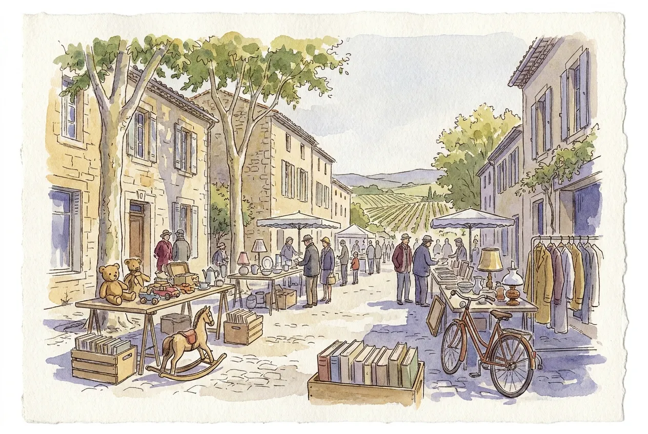 Illustration à l'aquarelle d'un vide-grenier dans une rue de village bordée de platanes et de maisons en pierre : tables couvertes d'ours en peluche, petites voitures, vaisselle et lampes, un cheval à bascule, des caisses de livres, un vélo et un portant de vêtements, avec des chineurs et des vignes au bout de la rue.