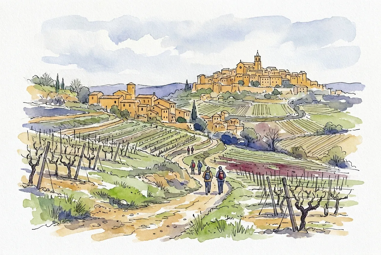 Illustration à l'aquarelle de randonneurs avec sacs à dos sur un chemin entre des vignes taillées en fin d'hiver, en route vers un village perché en pierre dorée dominé par une église, un autre village plus bas sur le coteau.