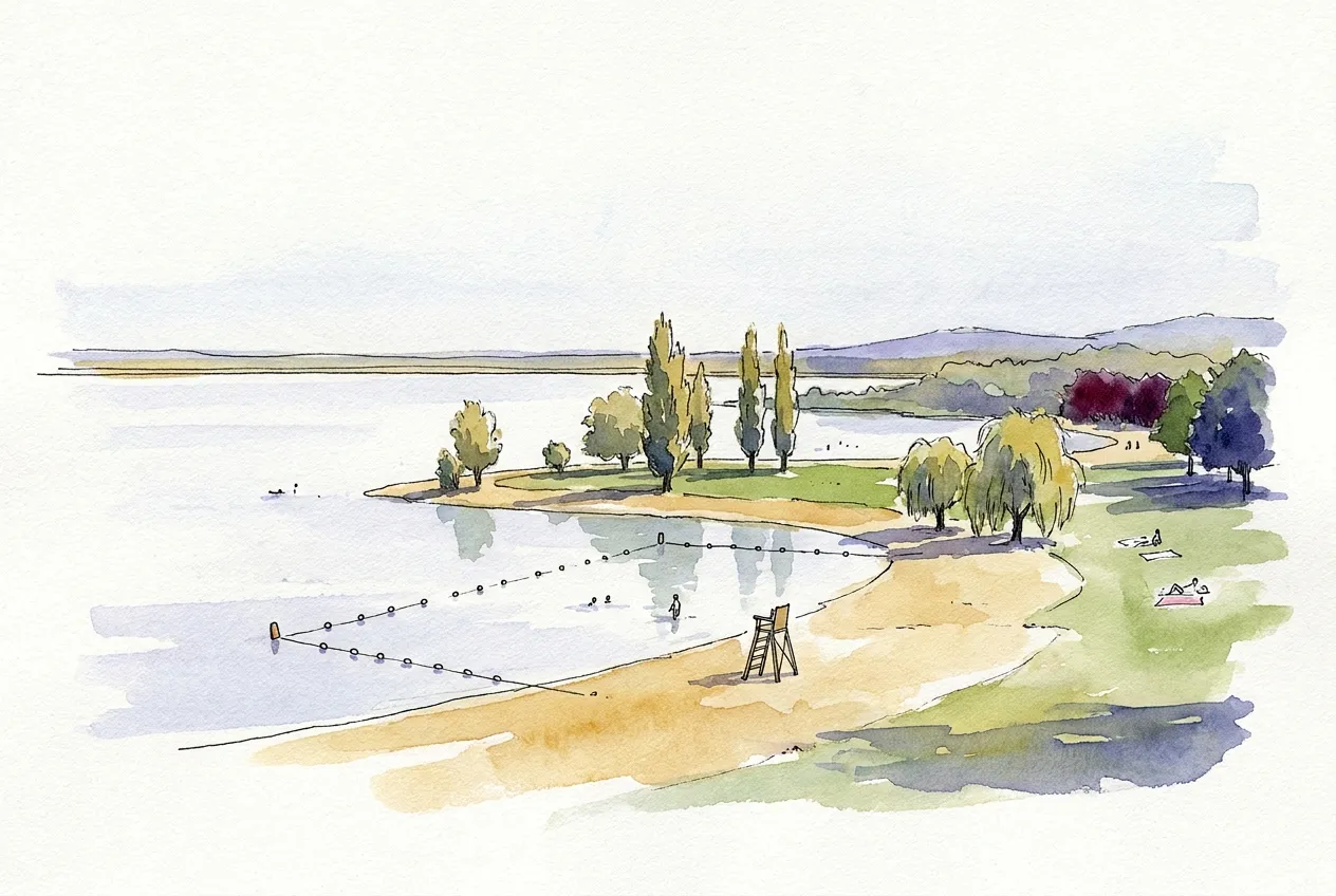 Illustration à l'aquarelle du plan d'eau du Colombier à Anse : une plage de sable sur une presqu'île bordée de peupliers et de saules, une zone de baignade délimitée par une ligne de bouées, une chaise de surveillant et quelques baigneurs au loin.