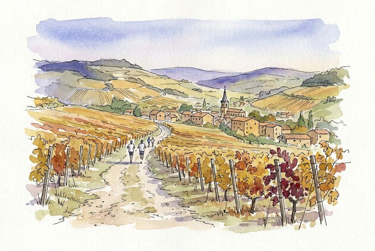 Illustration à l'aquarelle de quelques coureurs sur un chemin de terre entre des rangs de vigne dorés et rouges en automne, descendant vers un village de pierre au clocher pointu niché dans les collines du Beaujolais.